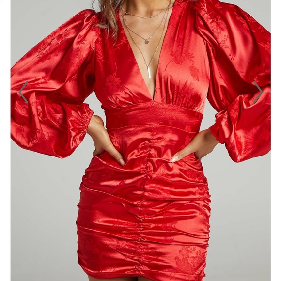 Showpo. Dresses & Skirts - SHOWPO RICHMOND LONG SLEEVE PLUNGING RUCHED SATIN MINI DRESS IN RED